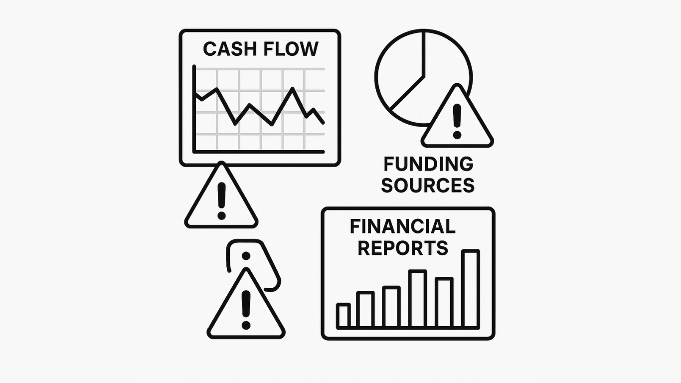 infographic showing nonprofit financial warning signs like cash reserve decline and late reporting