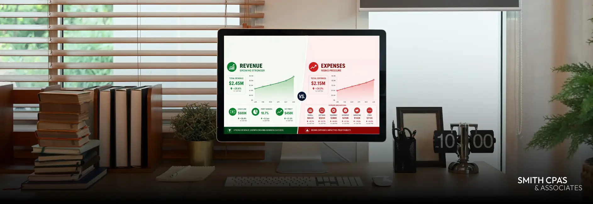Business growth costs dashboard showing revenue, expenses, cash flow, payroll, and profit margin trends.