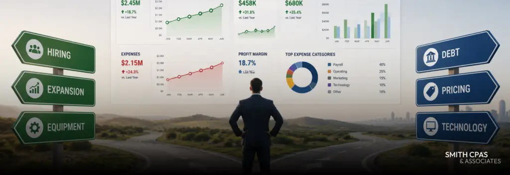 Business decision planning dashboard showing cash flow, taxes, margins, debt, and major growth decisions.