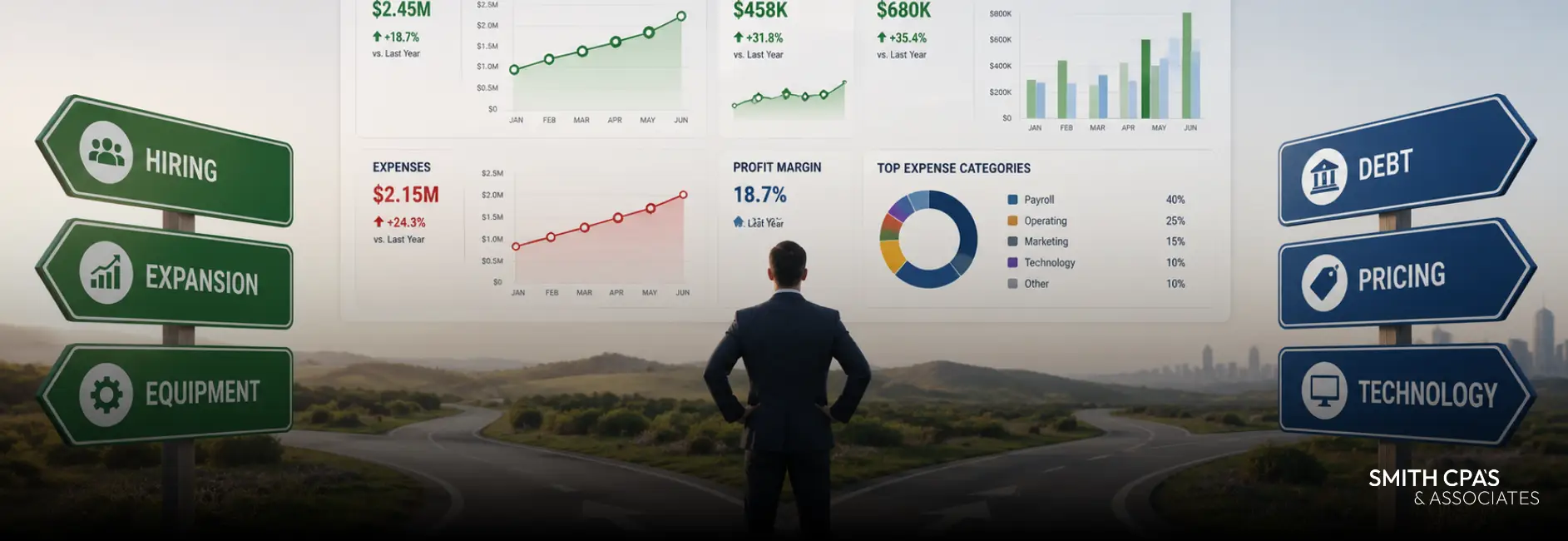 Business decision planning dashboard showing cash flow, taxes, margins, debt, and major growth decisions.